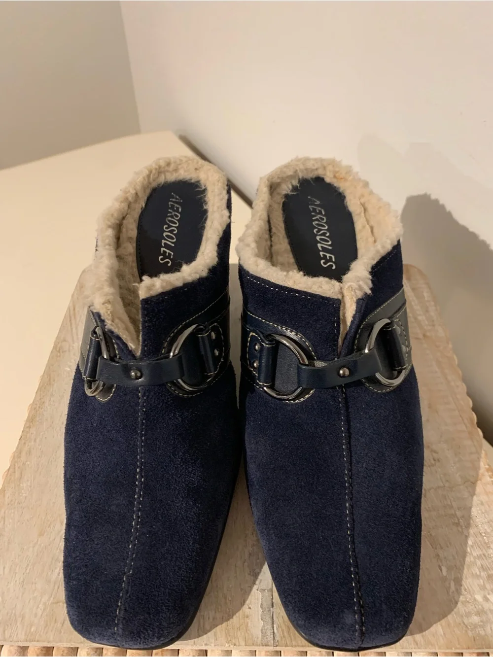 Navy Suede Shearling-Lined Mule Heels with Buckle Detail - Picture 3 of 5
